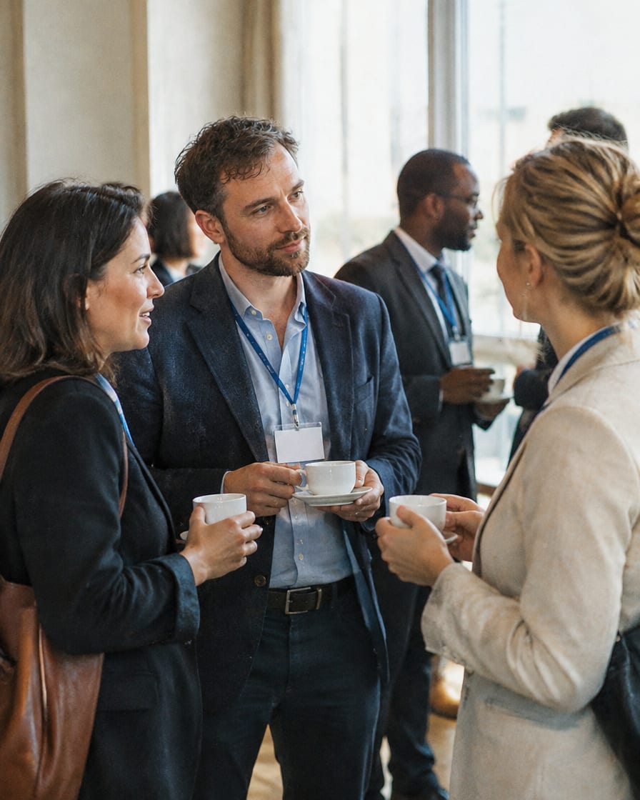 Asistentes conversando con café en la pausa de un seminario
